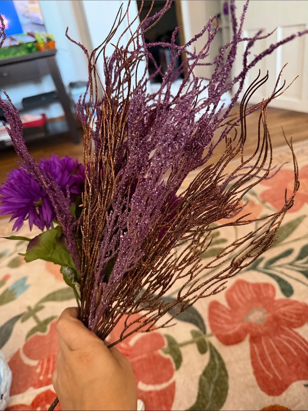 Artificial Purple Dahlia Bouquet with Glitter Sprays - Home Accents